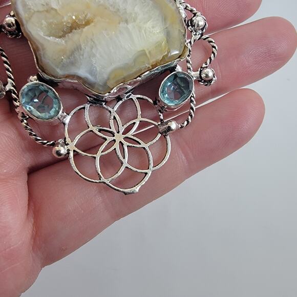 Druzy Agate Pendant – With Blue Topaz Accents + 20" Silver Snake Chain - Picture 9 of 10